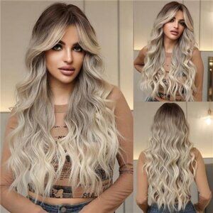 Natural Synthetic Long Wavy Wigs Ombre Brown Blonde